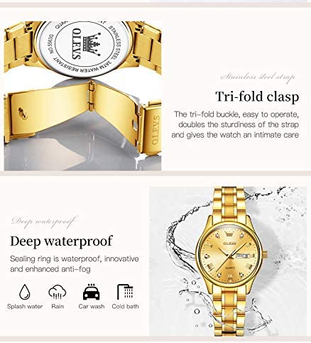 OLEVS Gold Watches for Women Luxury Wrist Watches Day and Date Waterproof Stainless Steel Quartz Analog Lightweight Ladies Watches Adjustable Bracelet Simple Dress Wristwatch Gold Black White Dial - Image 6